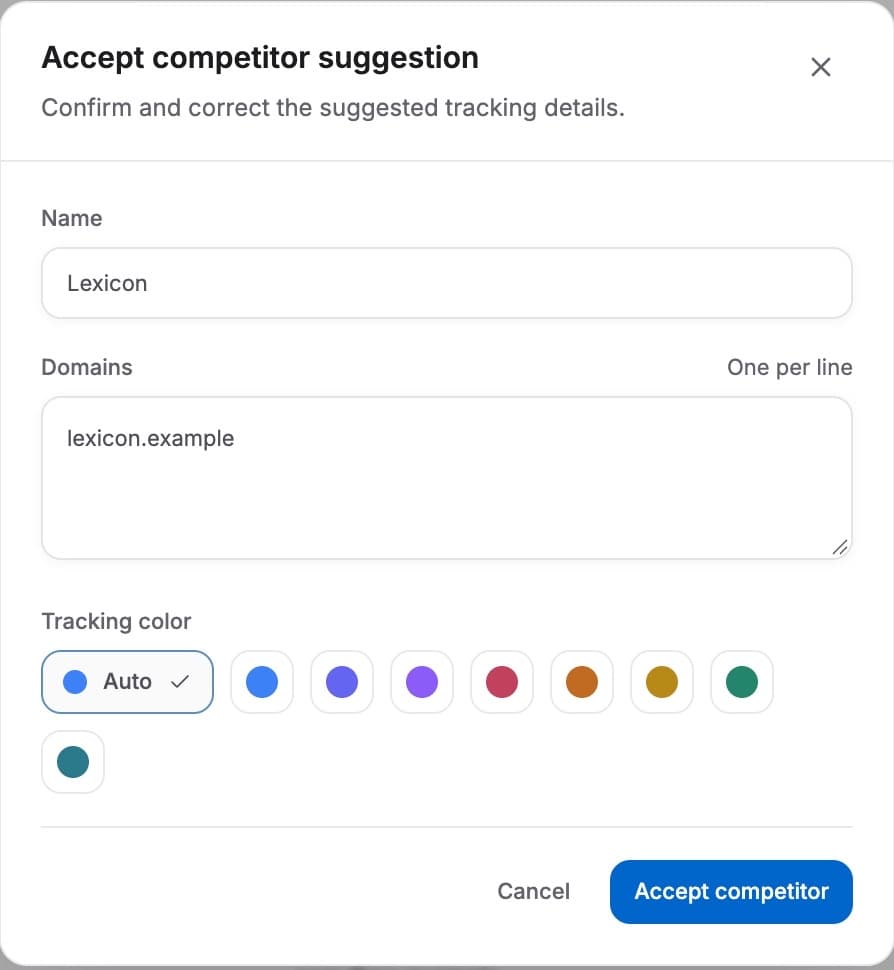 Accepting a suggestion: name, domains and chart color