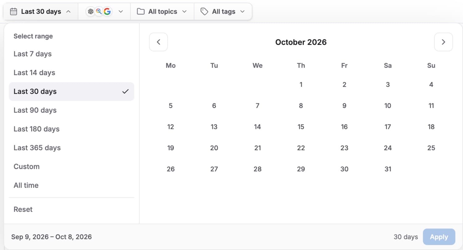 The date menu: preset ranges or a custom range on the calendar