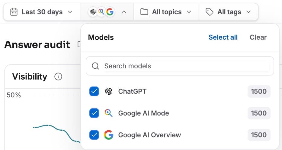 The models filter with answer counts