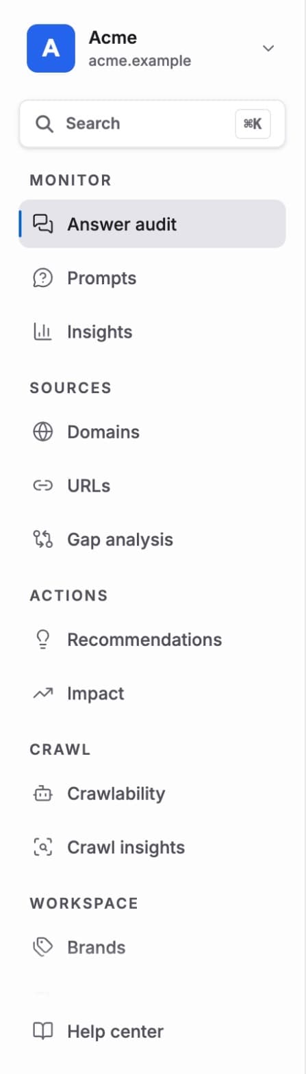 The sidebar: project switcher, search and every page