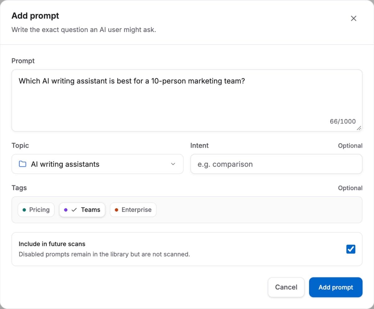Adding a prompt: the question, its topic, tags and whether it is scanned
