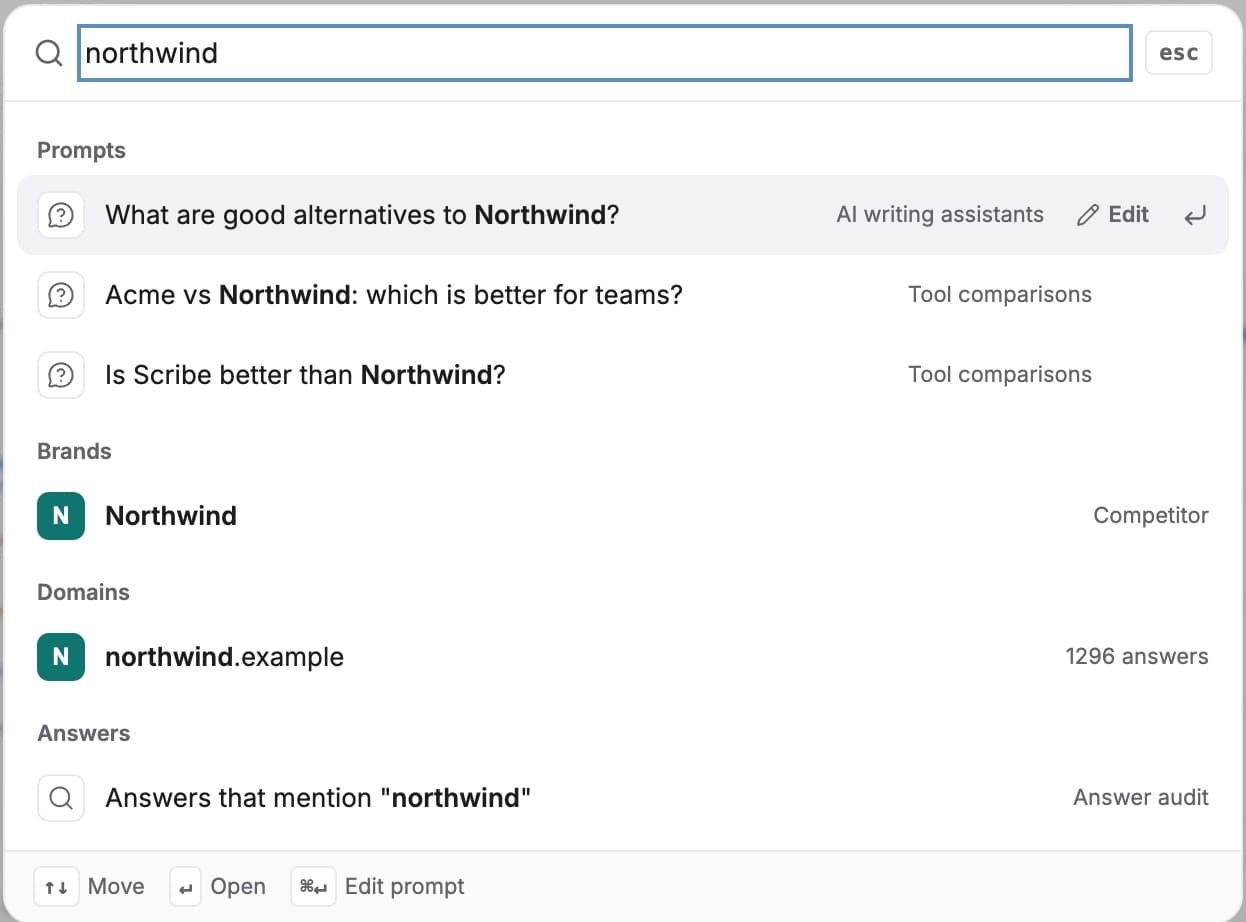 Search: prompts, brands, domains and answers matching a word