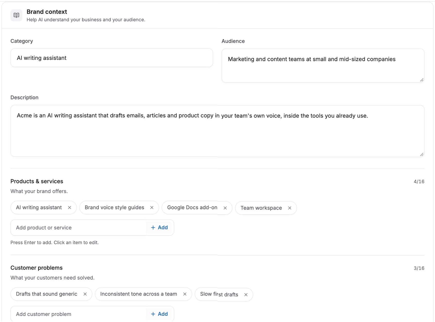 Brand context: category, audience, description, products and customer problems